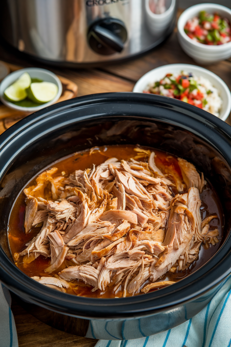 A crockpot full of shredded birria chicken. The shredded chicken is juicy and well-seasoned, with a deep brown color, in a slight brown broth. In the background, a rustic wooden table holds a small dish of lime wedges, a side of Low-Calorie Spanish Rice, and a bowl of salsa. A crockpot is visible in the background, slightly blurred, emphasizing the slow-cooked, effortless preparation. The setting is warm and inviting, evoking a cozy, home-cooked feel with natural lighting.