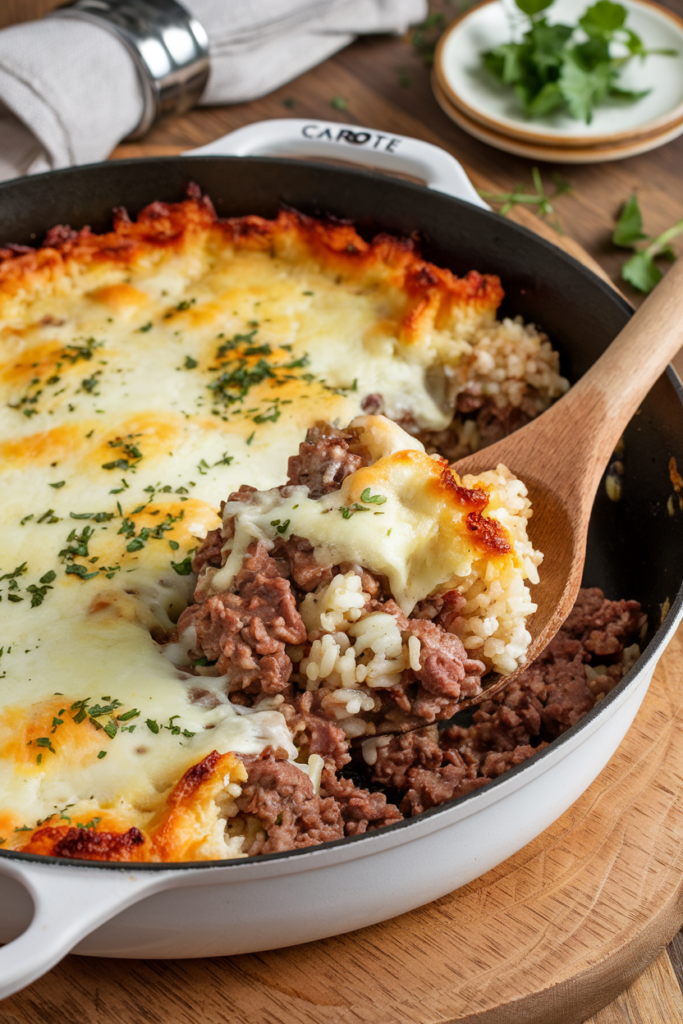 A warm, comforting French onion ground beef and rice casserole freshly cooked in a Carote Detachable Handle Skillet. The dish features tender ground beef mixed with fluffy jasmine rice and cauliflower rice, all coated in a rich French onion sauce. Golden, melted provolone cheese blankets the top, slightly bubbly and crisp around the edges. A wooden spoon rests in the skillet, showing a hearty scoop of the flavorful mixture. The background features a rustic wooden kitchen setting with a neatly folded linen napkin and a small dish of fresh herbs for garnish. Soft natural lighting enhances the creamy texture of the cheese and the rich, savory tones of the dish, creating a cozy, inviting feel.