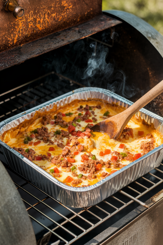 A rustic outdoor smoker with a disposable aluminum pan filled with creamy, melted smoked queso. The queso is golden and bubbling, with visible chunks of ground beef, diced tomatoes, and green chilies. A wooden spoon is stirring the rich, gooey cheese, while a light smoky haze rises from the pan. The background features a wooden picnic table with a bowl of tortilla chips, fresh jalapeños, and a cold drink, evoking a cozy backyard barbecue atmosphere.