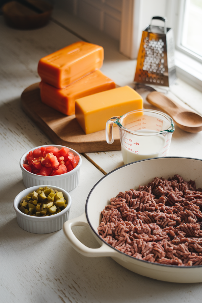 A photo of a rustic wooden countertop with a neatly arranged display of fresh ingredients for cooking. There is a full block of cheddar cheese and an 8-ounce block of Monterey Jack cheese. Nearby, diced tomatoes and green chilies in a ramekin and a can of diced green chiles are placed. A small glass measuring cup holds a splash of milk. A portion of fresh, cooked, and crumbled lean ground beef rests on a white skillet. The scene is well-lit with soft natural light, giving a warm, inviting feel. A wooden spoon and a cheese grater are subtly placed in the background, ready for preparation.